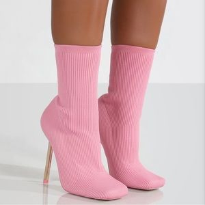 PINK KNIT STILETTO HEEL SOCK ANKLE BOOT